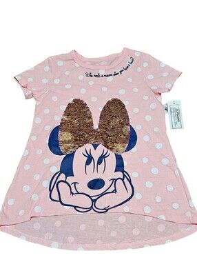 NWT Disney Parks Minnie Mouse Pink Polka Dot Sequin Bow Hi-Low T-Shirt Small